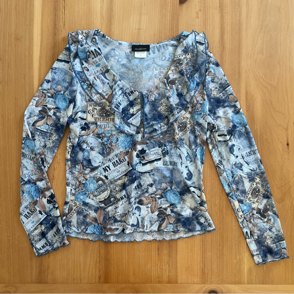 Y2K Mesh Ruffle Long Sleeve Top Floral Collage Print Made in USA
